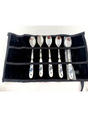 Vintage Stainless Steel & Porcelain Floral Handle Dessert Spoons Set With Storag